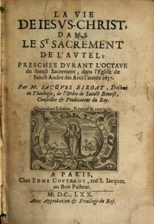 La vie de Jesus Christus dans l'St. Sacrament de l'aûtel