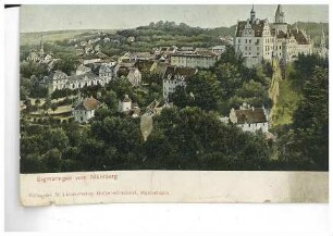 Schloss Sigmaringen, Marstall, evangelische Kirche und Stadtansicht von Sigmaringen (Ansicht vom Mühlberg)