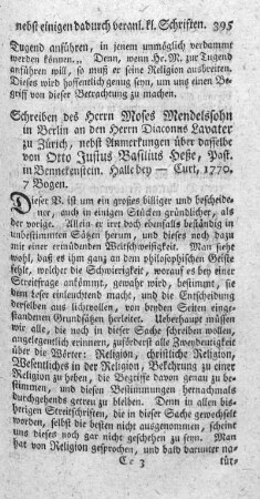 Schreiben des Herrn Moses Mendelssohn in Berlin an den Herrn Diaconus Lavater in Zürich.