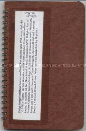 Heft mit handschriftlichen Aufzeichnungen aus dem Studium an der New School of Sozial Research in New York - Nachlass