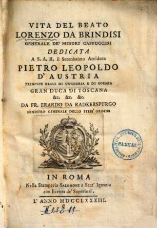 Vita Del Beato Lorenzo Da Brindisi Generale De' Minori Cappuccini