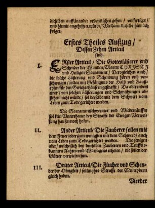 Erstes Theiles Außzug/ Dessen Zehen Articul sind.