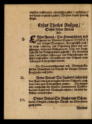 Erstes Theiles Außzug/ Dessen Zehen Articul sind.