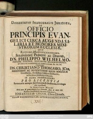 Dissertatio Inauguralis Juridica, De Officio Principis Evangelici Circa Augenda Salaria Et Honores Ministrorum Ecclesiæ