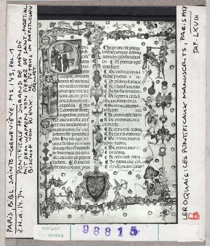 Paris, Bibliothèque Sainte-Geneviève: MS 143, fol. 1, Pontifikale des Durand de Mende, Hl. Petrus