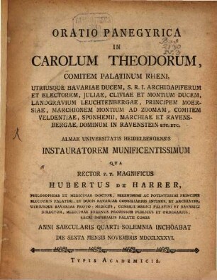 Oratio Panegyrica In Carolum Theodorum, Comitem Palatinum Rheni, ... Almae Universitatis Heidelbergensis Instauratorem Munificentissimum