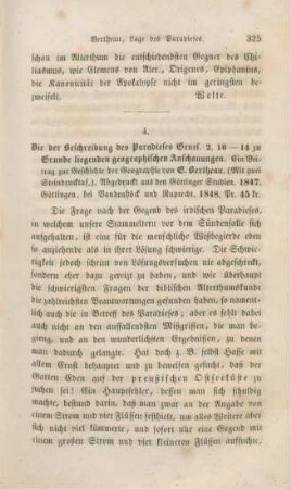 325-331 [Rezension] Bertheau, Ernst, Die der Beschreibung der Lage des Paradieses Genes. 2, 10 - 14 zu Grunde liegenden geographischen Anschauungen
