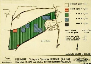 Yield Map Scheyern "Unteres Hohlfeld" (9.9 ha) (winter-wheat; SEL-DGPS; yield detection "DATAVISION FLOWCONTROL", Aug. 13+14, 91)