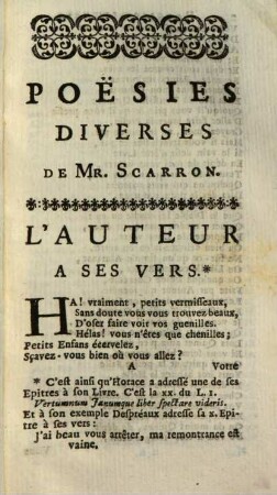 Oeuvres de Monsieur Scarron. 8, Qui contient Les Poesies Diverses