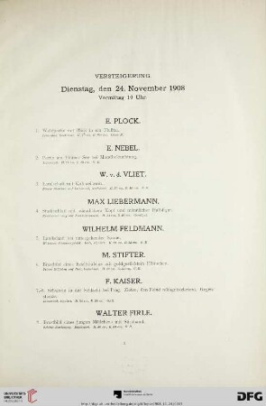 Versteigerung. Dienstag, den 24. November 1908 Vormittag 10 Uhr (Nr. 1-189)