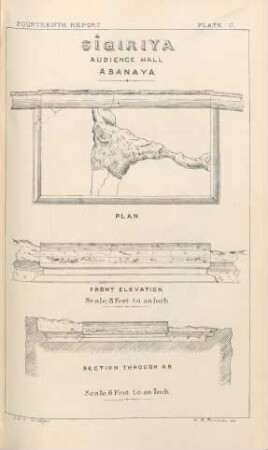 Plate C. Sîgiriya. Audience Hall. Asanaya. Plan. Front elevation