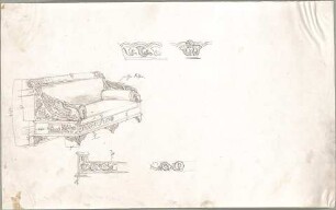 Seeberger, Gustav; München; Residenz, Königsbau, Zeichnungen - Kanapee (Perspektive); Ornamente (Details)