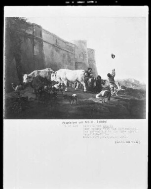 Herde und Hirten vor der Mauer einer italienischen Festung