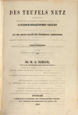 Des Teufels Netz : satirisch-didaktisches Gedicht aus der ersten Hälfte des fünfzehnten Jahrhunderts