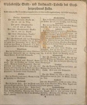 Alphabetische Stadt- und Landmarkt-Tabelle des Großherzogthums Fulda.