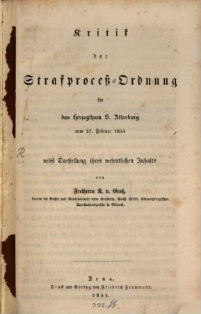 Kritik der Strafproceß-Ordnung für das Herzogthum S. Altenburg vom 27. Februar 1854