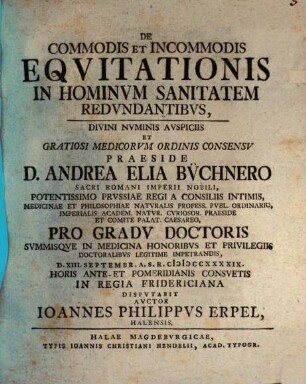 De Commodis Et Incommodis Eqvitationis In Hominvm Sanitatem Redvndantibvs