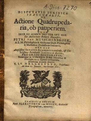 Disputatio Iuridica Inauguralis, De Actione Quadrupedaria, ob pauperiem