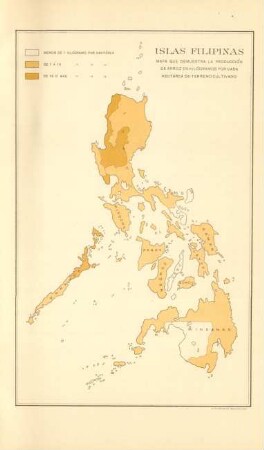 Islas Filipinas. Mapa que demuestra la produción de arroz en kilógramos par cada hectarea de terreno cultivado
