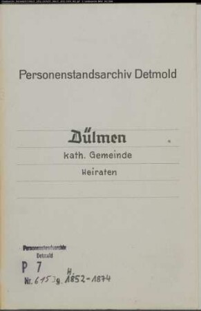 Kirchenbuchduplikat der katholischen Gemeinde in Dülmen (H 1852-1874). (Gemeinde: Dülmen, katholische Gemeinde)