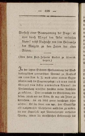 Versuch einer Beantwortung der Frage: ob man durch Mergel den Acker verderben könne? nebst Nachricht von dem Gebrauche des Mergels zu den Zeiten der alten Römer