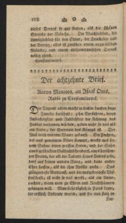Der achtzehnte Brief. Aaron Monceca, an Isaak Onis, Rabbi zu Constantinopel