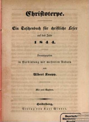 Christoterpe : ein Jahrbuch für d. dt. Haus. 1844, 1844