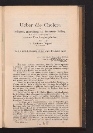 Ueber die Cholera in ätiologischer, prophylaktischer und therapeutischer Beziehung : mit Berücksichtigung der neueren Forschungsergebnisse