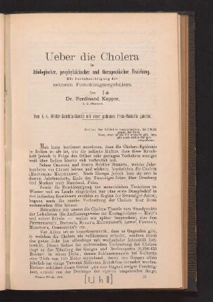 Ueber die Cholera in ätiologischer, prophylaktischer und therapeutischer Beziehung : mit Berücksichtigung der neueren Forschungsergebnisse