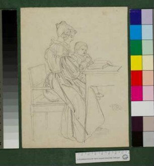 Sophie Oesterley mit ihrem ältesten Sohn Carl (1839-1930) am Tisch sitzend