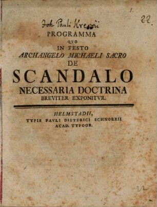 Programma quo ... de scandalo necessaria doctrina breviter exponitur