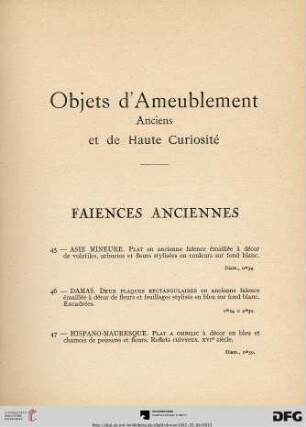 Objets d'Ameublement anciens et de haute curiosité (Nr. 45-113)