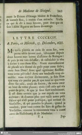Lettre CCCCXCIV. A Paris, ce Mécredi, 15. Décembre, 1688