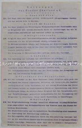 Maschinenschriftliche Satzung des "Bundes Oberland" zur "Förderung des Wiederaufbaues des Vaterlandes"