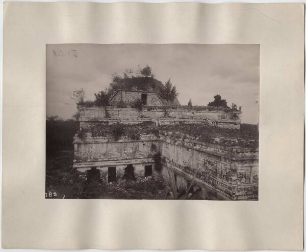 "Nunnery from the temple in the south-east." (With expedition member.)