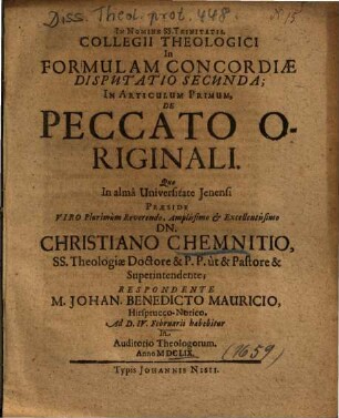 Collegii Theologici In Formulam Concordiae Disputatio Secunda; In Articulum Primum, De Peccato Originali