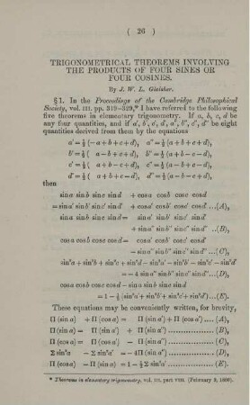 Trigonometrical theorems involving the products of four sines or four cosines.
