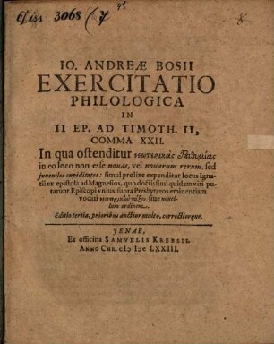 Io. Andreae Bosii exercitatio philologica in II. Ep. ad Timoth. II. comma XXII.
