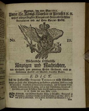 No. 19. Montags, den 8ten May 1752.
