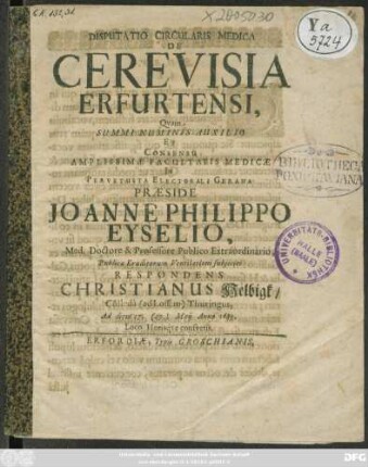 Disputatio Circularis Medica De Cerevisia Erfurtensi