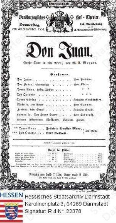 Darmstadt, Hoftheater / Theaterzettel 1854 November 30 / 'Don Juan' (Oper) von Wolfgang Amadeus Mozart (1756-1791)