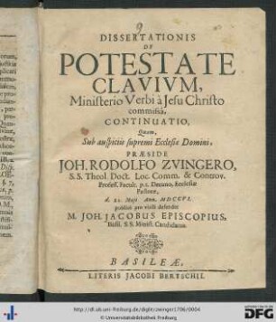 Dissertationis De Potestate Clavivm, Ministerio Verbi à Jesu Christo commissâ, Continuatio