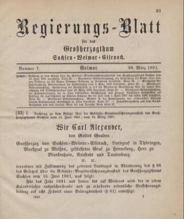 33. Nachtrag zu dem Gesetze über die Gebäude-Brandversicherungsanstalt des Großherzogthums Sachsen vom 16. Juni 1881 betreffend