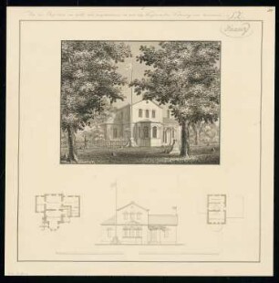 Chaussee-Einnehmerhaus Monatskonkurrenz Mai 1835: Grundriss Erdgeschoss, Obergeschoss, Aufriss Straßenansicht, perspektivische Ansicht; 2 Maßstabsleisten