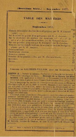 Table des matières. Septembre 1877.