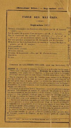 Table des matières. Septembre 1877.