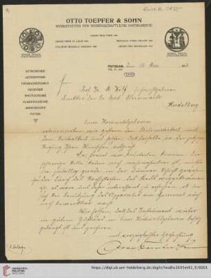 Briefe von Otto Toepfer an Max Wolf: Brief von Werkstätten für Wissenschaftliche Instrumente Otto Toepfer & Sohn (Potsdam) an Max Wolf