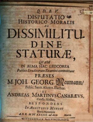 Disputatio Historico-Moralis De Dissimilitudine Staturae