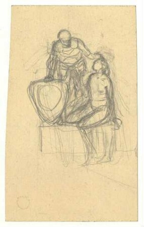 Exlibrisstudie : Sitzende Figur auf einem Postament, neben ihr ein Schild von einer stehenden Figur gehalten