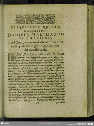 Disquisitio Quinta. Respondente Hartmanno Wismariensi